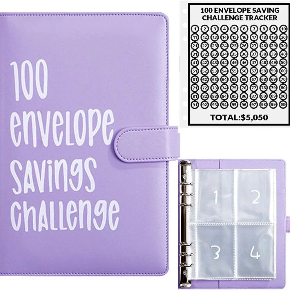 100 Envelope Money Savings Challenge Binder $5,500 (Purple)